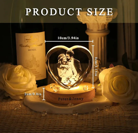 Personalized Heart 3D Crystal Photo Portrait LED,Engraved Crystal Photo With Light,3D Crystal Photo Anniversary valentines day gift for him