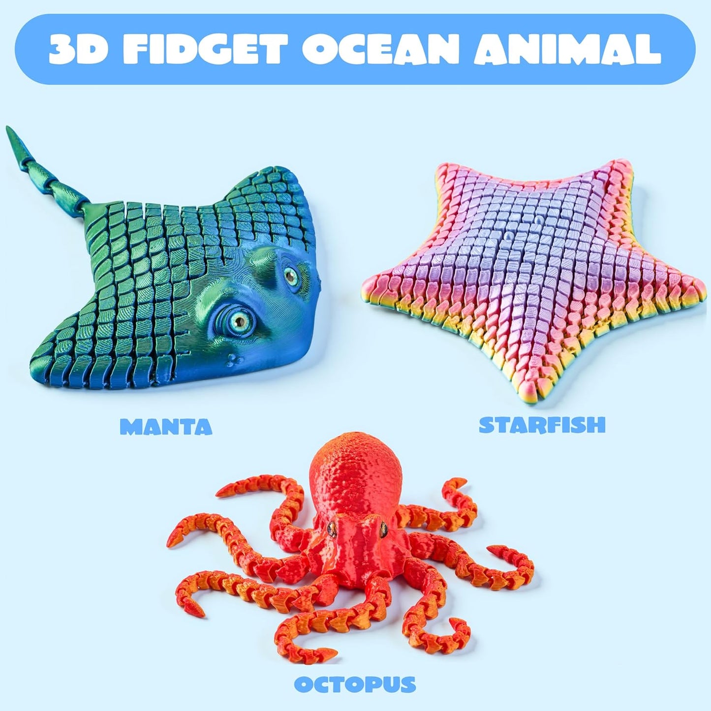3 PCS 3D Printed Octopus, Ray & Starfish