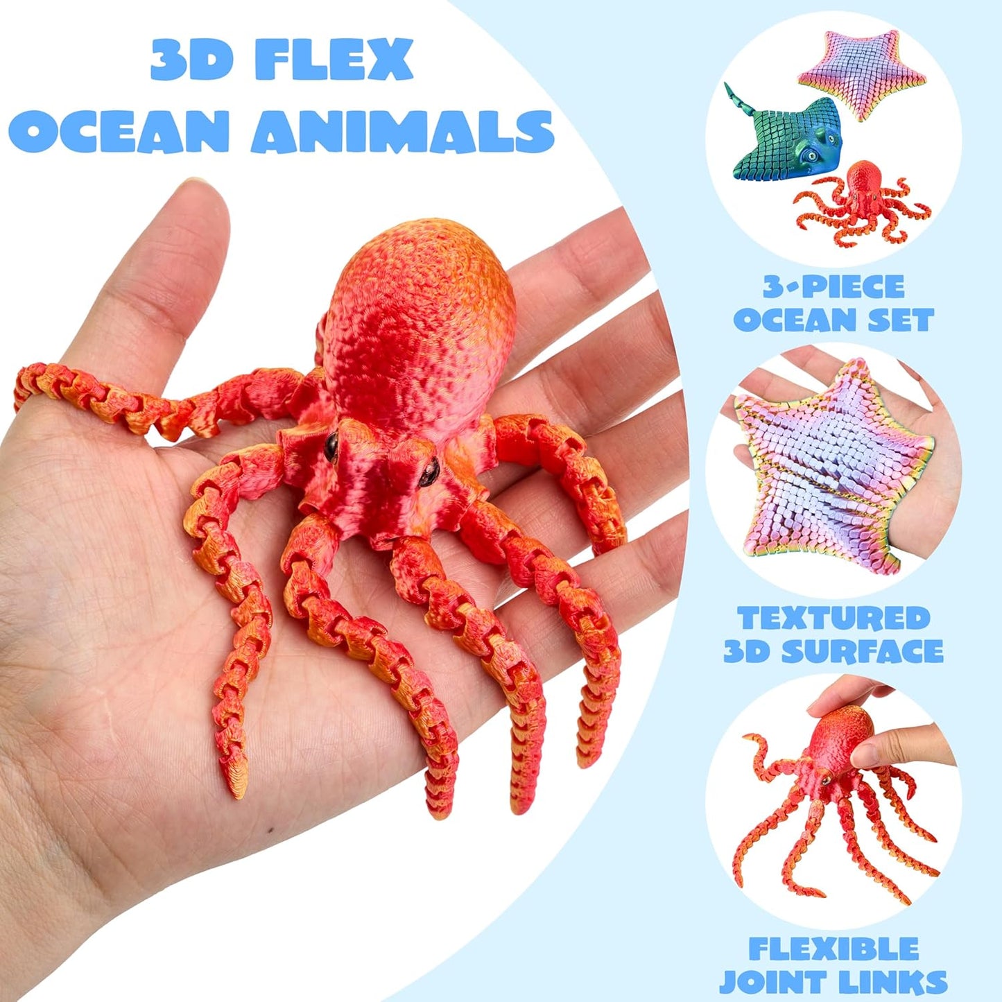 3 PCS 3D Printed Octopus, Ray & Starfish