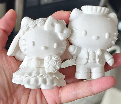 3D Printed Wedding ceremony, bride and groom in wedding dresses, Hello Kitty kitty