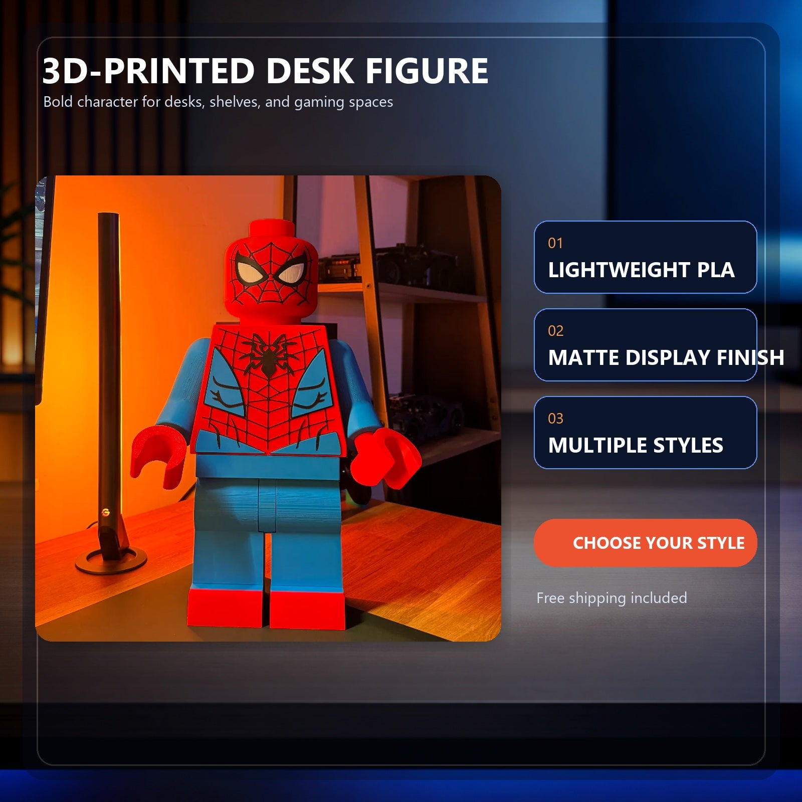 3D-printed red and blue hero desk figure with lightweight PLA and multiple style options