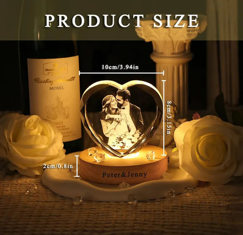 Personalized Heart 3D Crystal Photo Portrait LED,Engraved Crystal Photo With Light,3D Crystal Photo Anniversary valentines day gift for him